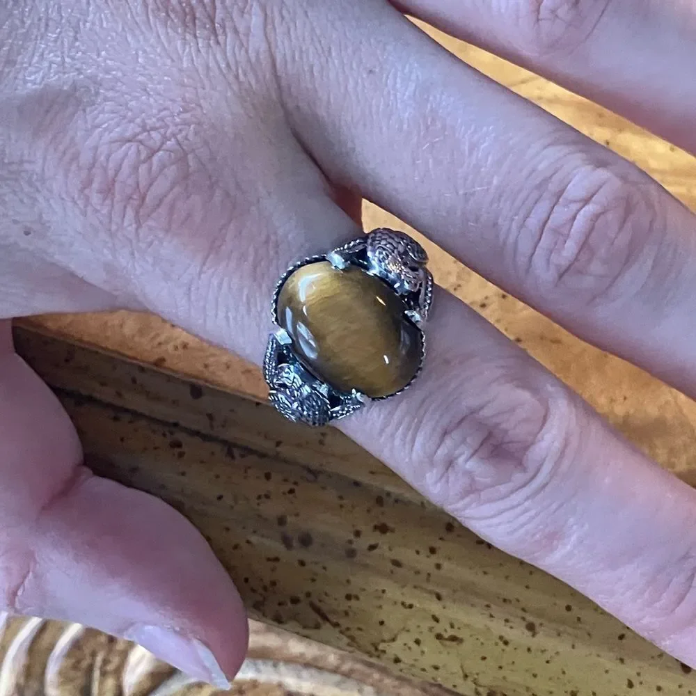 Natural Tiger’s Eye Eagle Ring Size 8